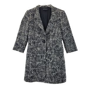 Lafayette 148 Long Blazer Jacket Black Ivory Print Textured Womens Size 2 Linen
